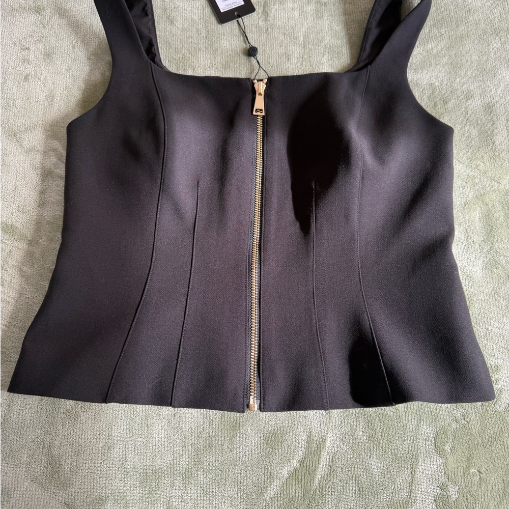 French Connection Elegant Black Crop Top with Gold Zipper